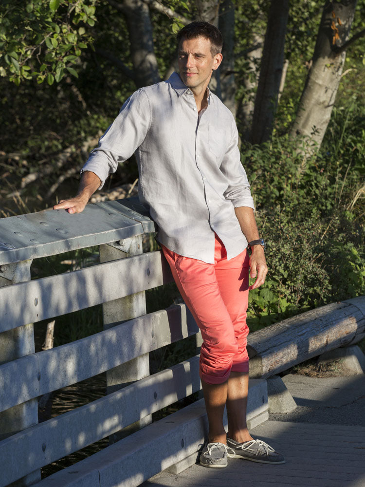 Men's Regular Fit Long Sleeve 100% Linen Shirt - Stone