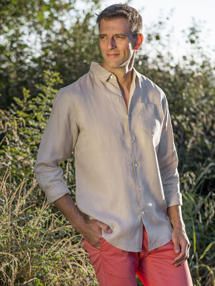 Men's Regular Fit Long Sleeve 100% Linen Shirt - Stone