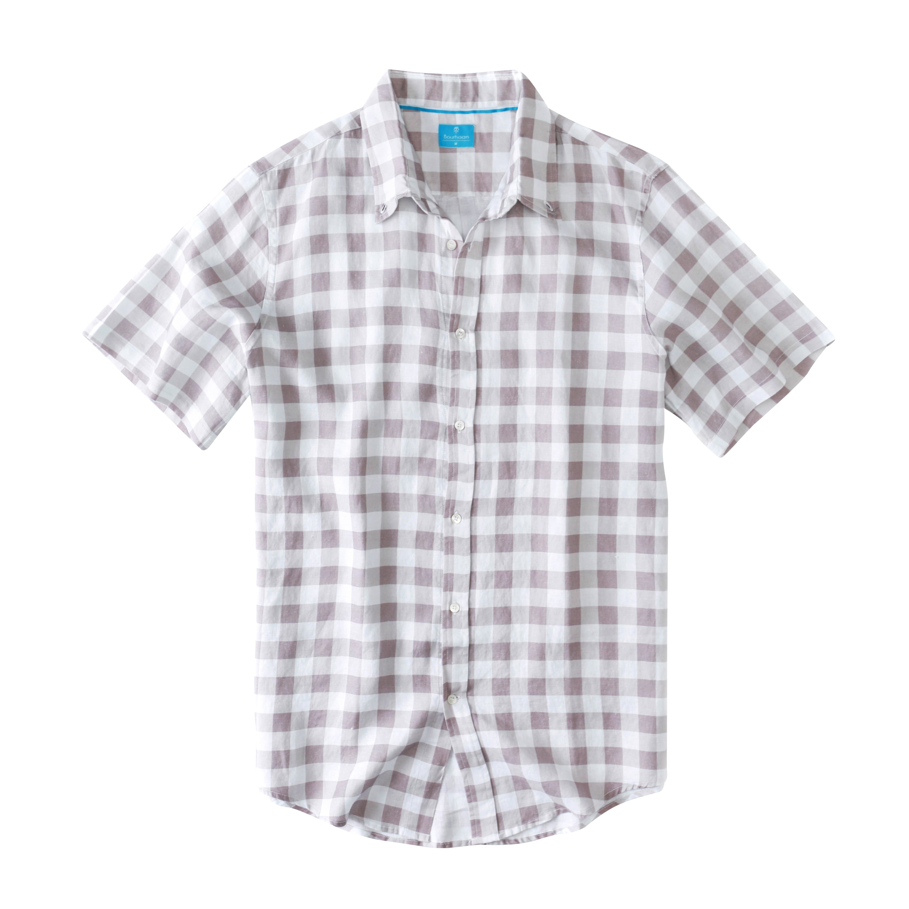 Men's Regular Fit Short Sleeve 100% Linen Shirt - Gingham Khaki/White