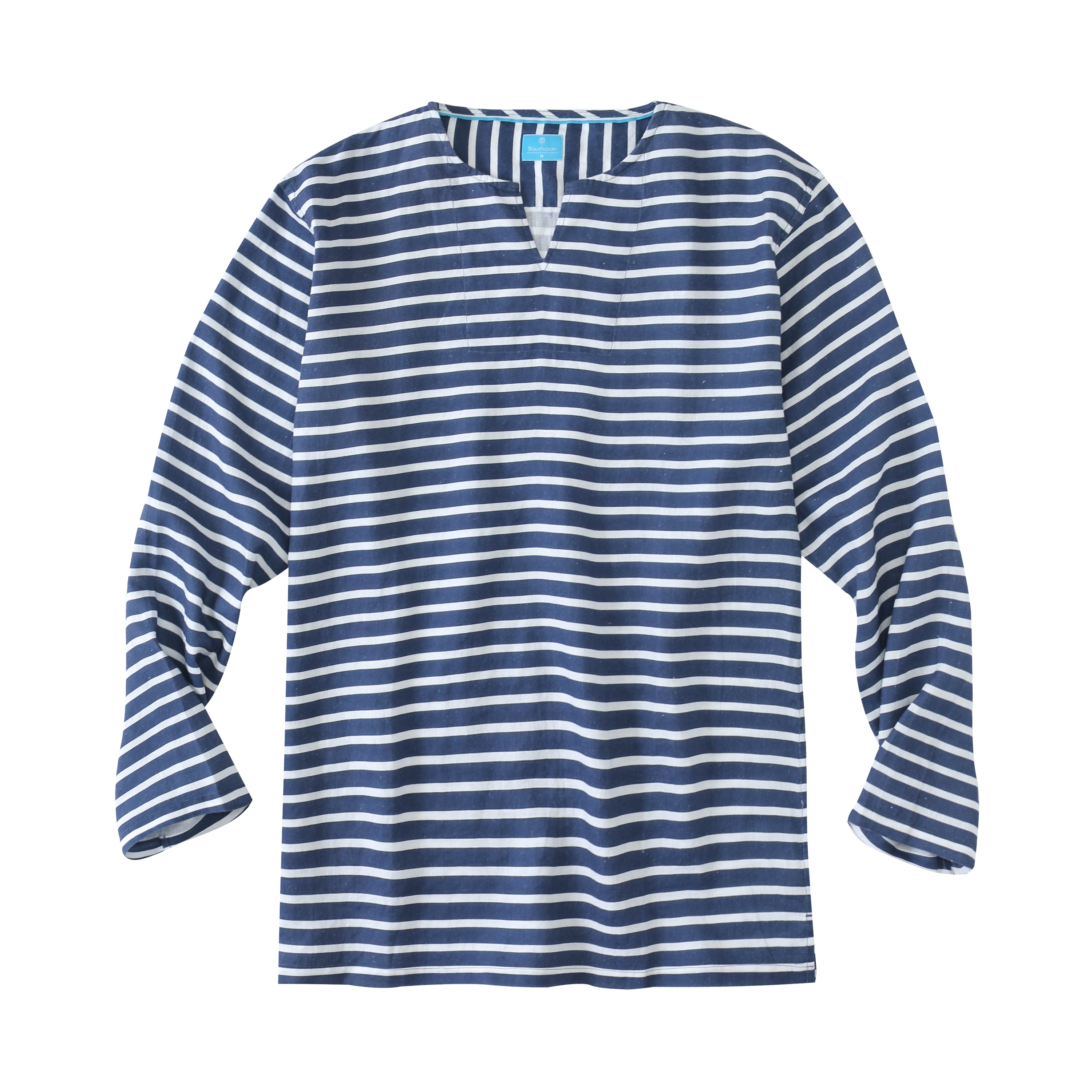 Men's 100% Linen V-Neck Pullover Shirt - Horizontal Stripes Blue White