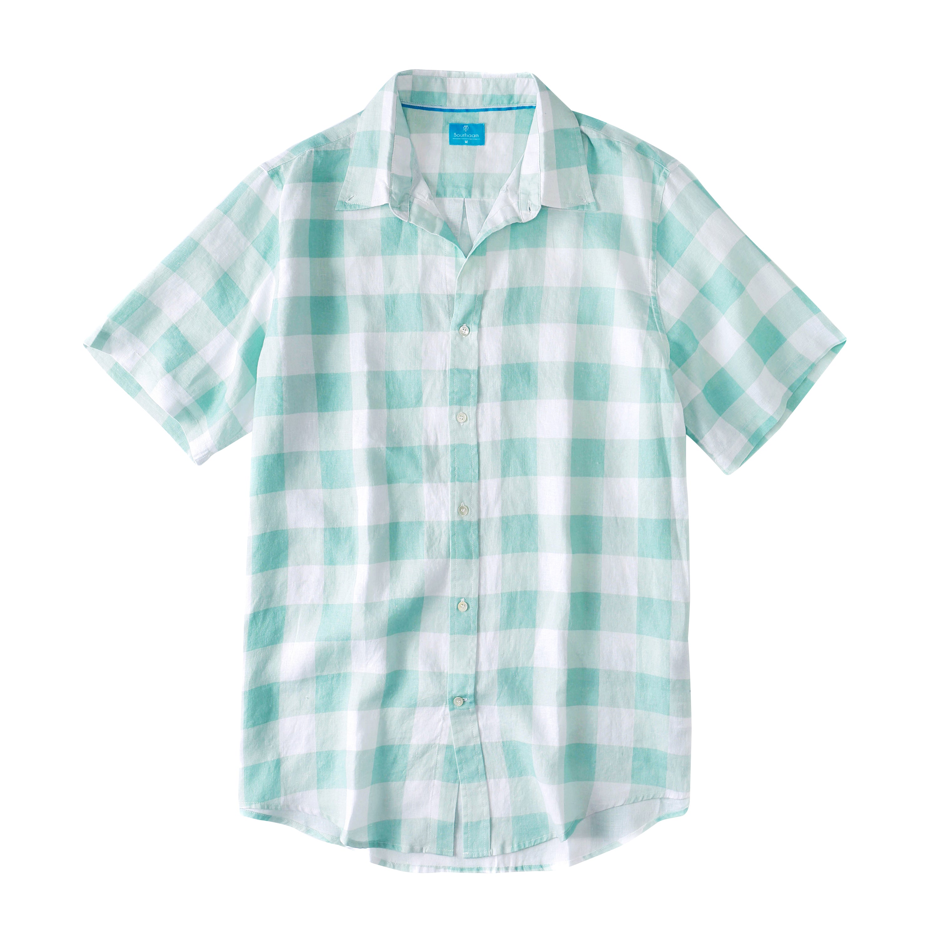 Men's Regular Fit Short Sleeve 100% Linen Shirt - Gingham Aqua/White