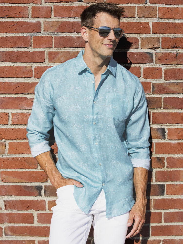 Men's Regular Fit Long Sleeve 100% Linen Shirt - Palm Trees