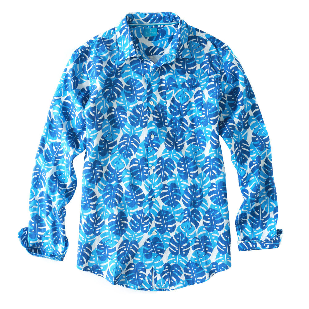 Men's Regular Fit Long Sleeve 100% Linen Shirt - Tropical Leaves