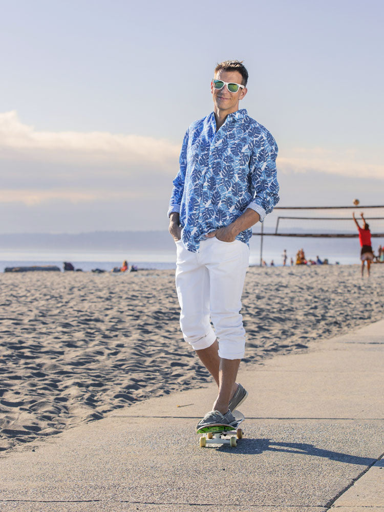 Men's Regular Fit Long Sleeve 100% Linen Shirt - Tropical Leaves