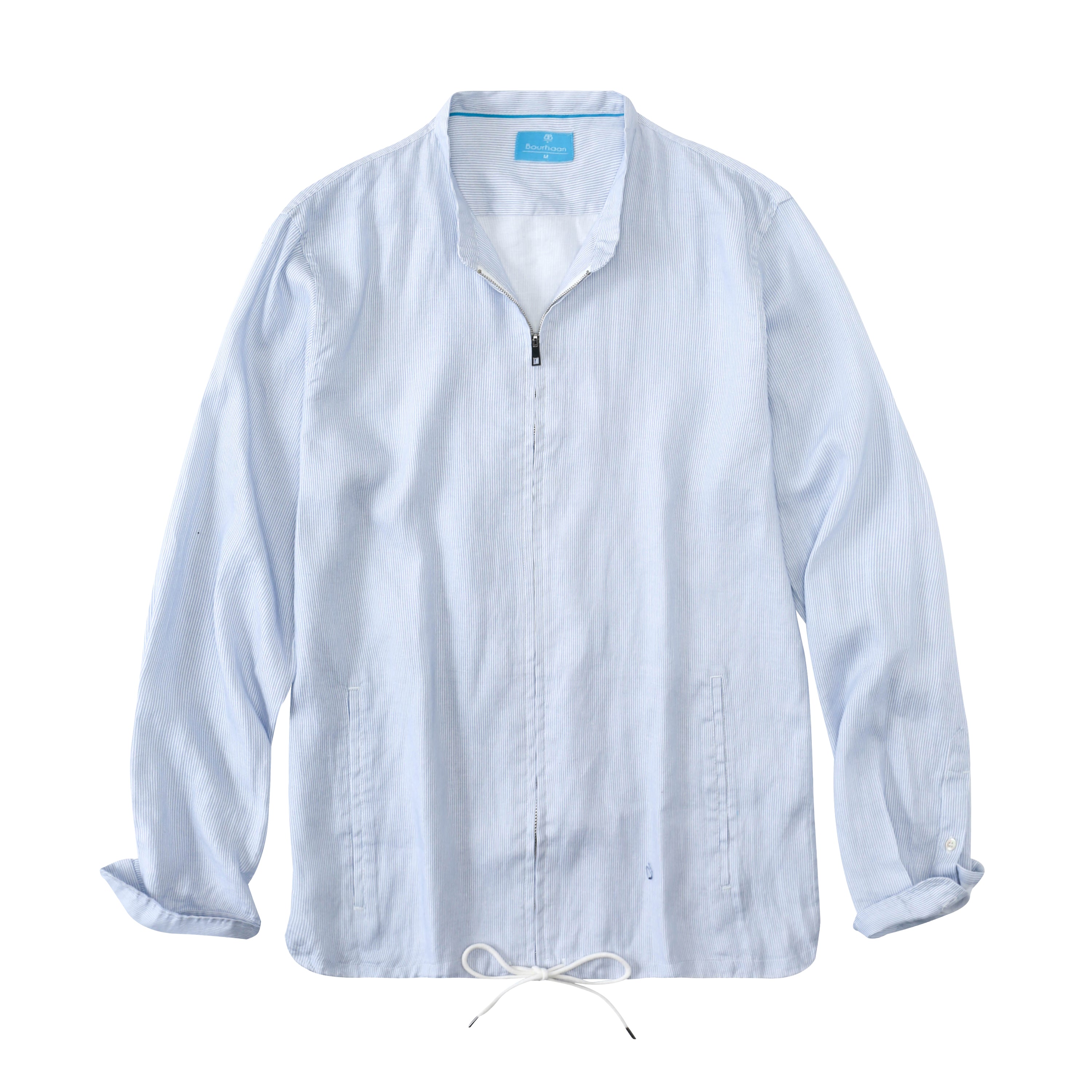 Men's 100% Linen Casual Zip Up Jacket - Stripes Blue White