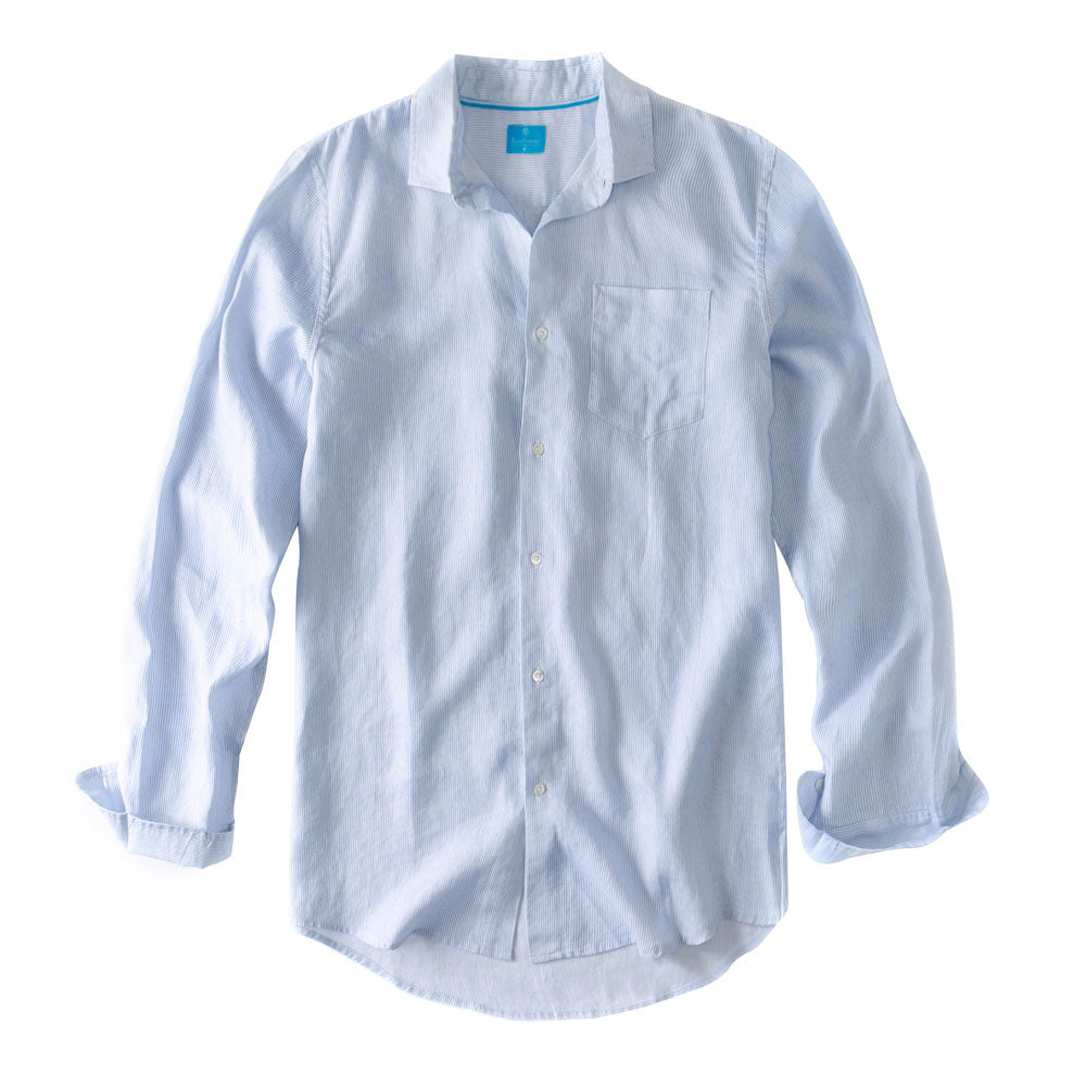 Men's Regular Fit Long Sleeve 100% Linen Shirt - Stripes Blue White