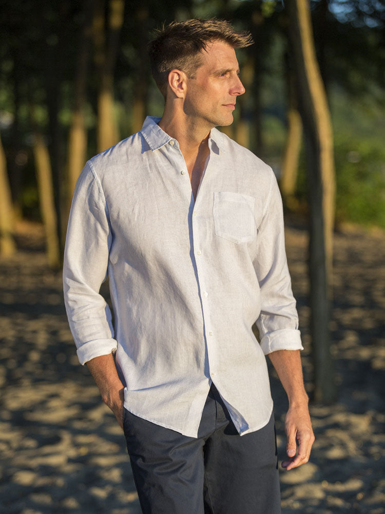 Men's Regular Fit Long Sleeve 100% Linen Shirt - Stripes Blue White