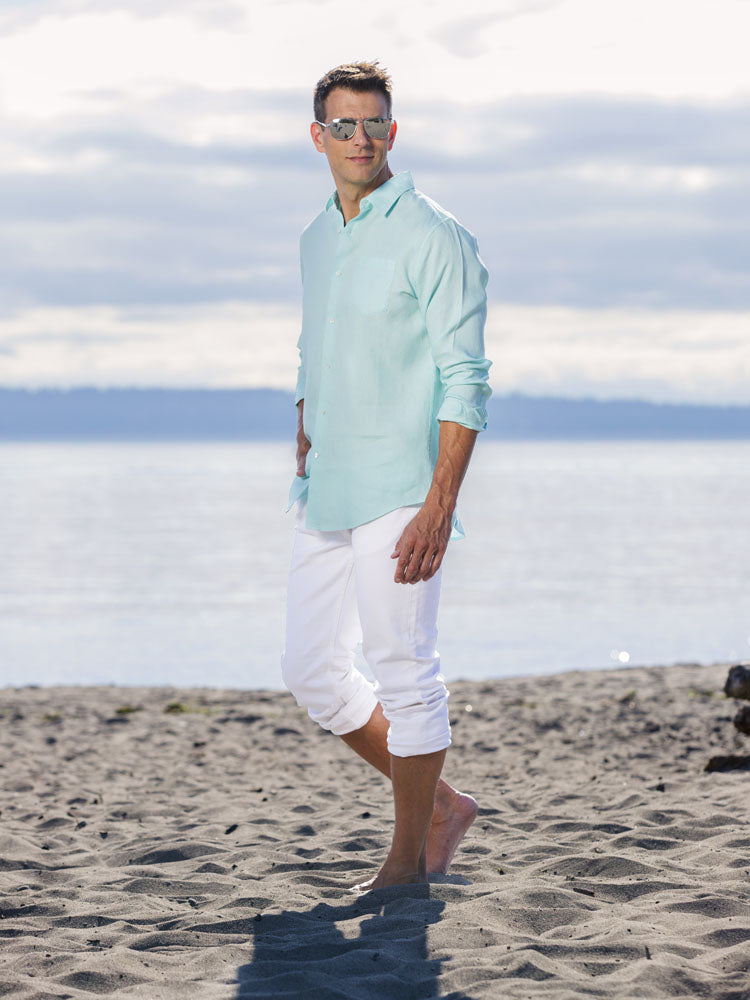 Men's Regular Fit Long Sleeve 100% Linen Shirt - Aqua