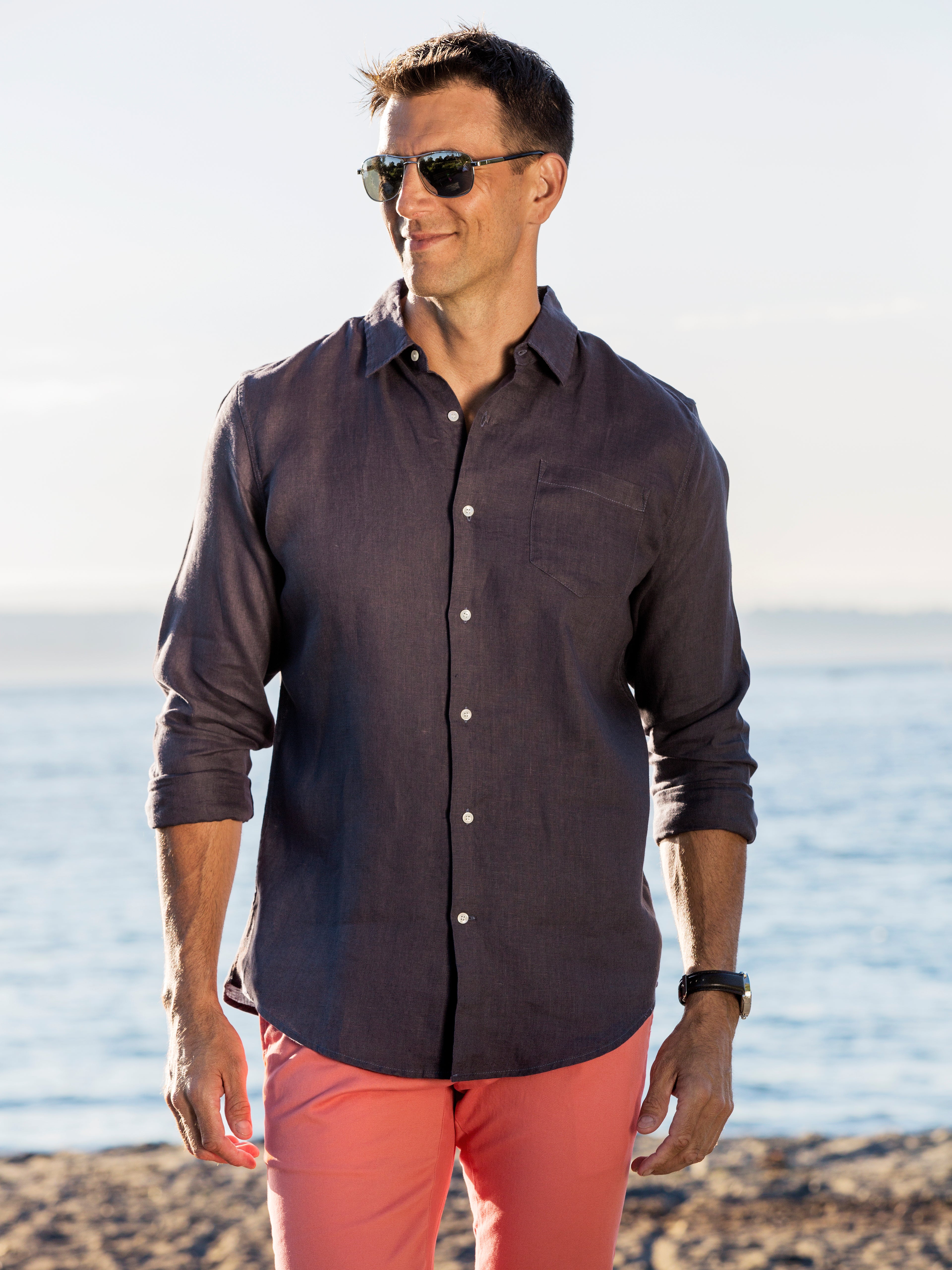 Men's Regular Fit Long Sleeve 100% Linen Shirt - Dark Grey