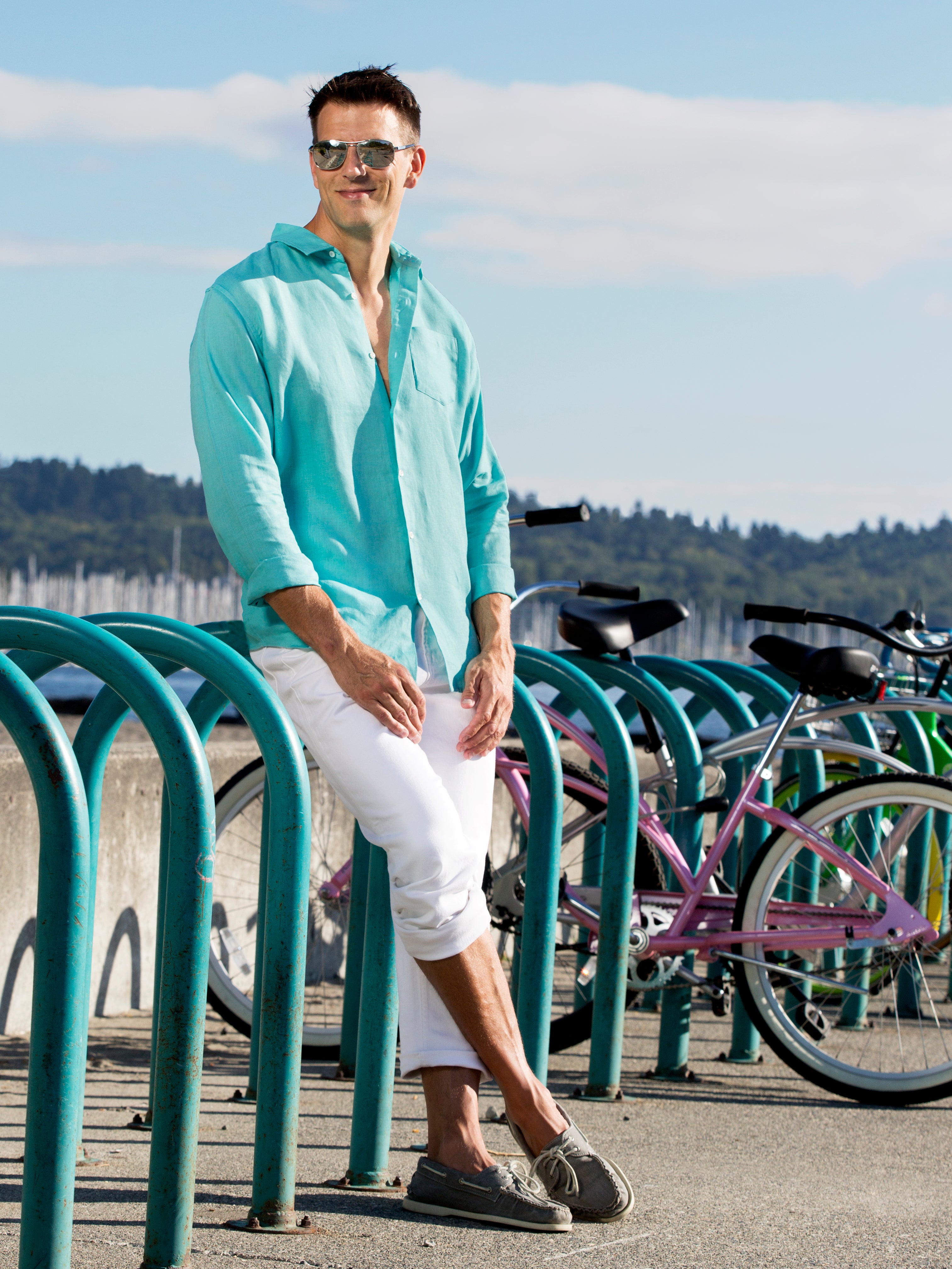 Men's Regular Fit Long Sleeve 100% Linen Shirt - Deep Aqua