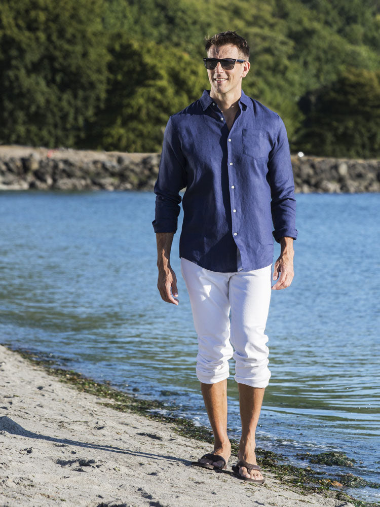Men's Linen Shirt Full Sleeves Navy Blue | Bourhaan