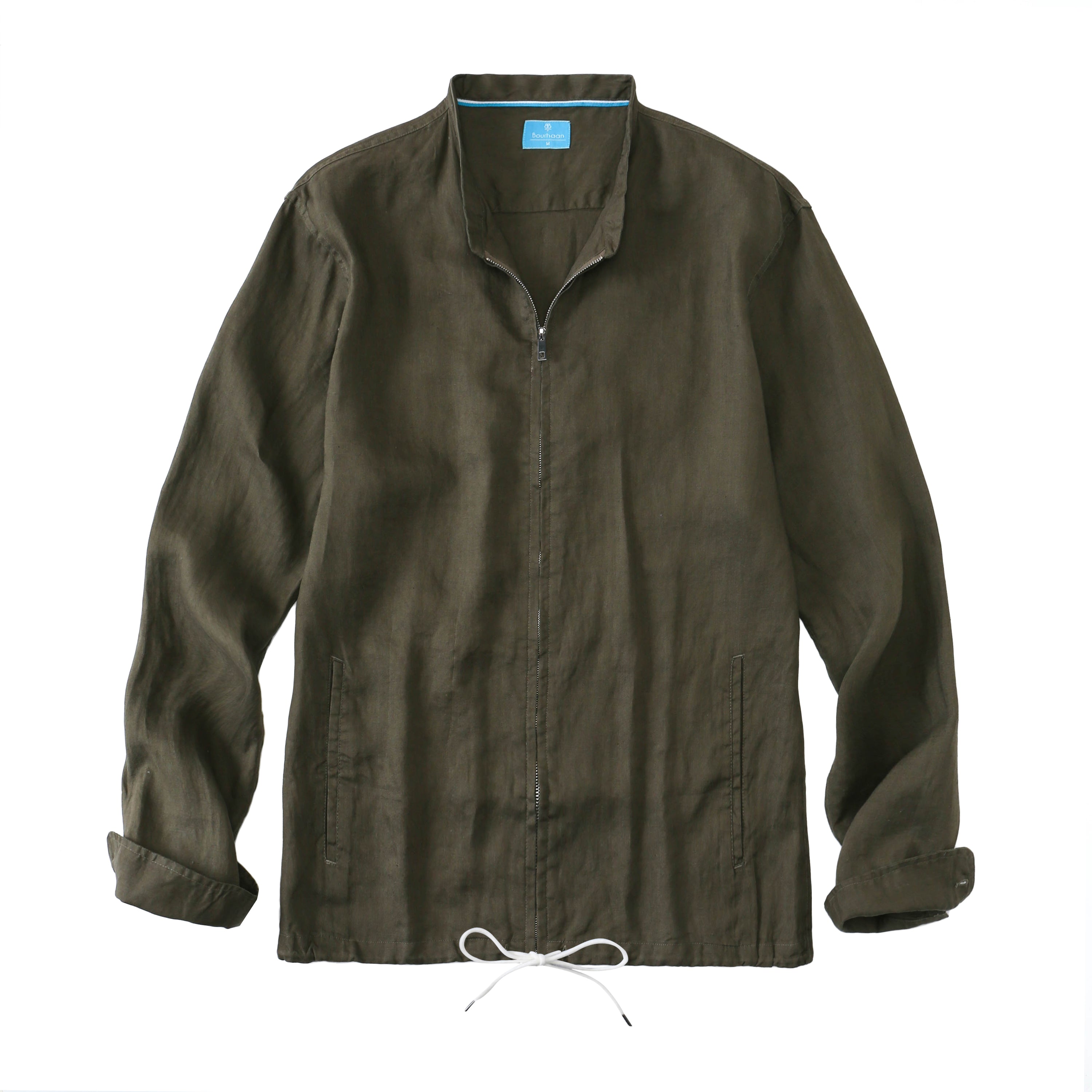 Men's 100% Linen Casual Zip Up Jacket - Olive