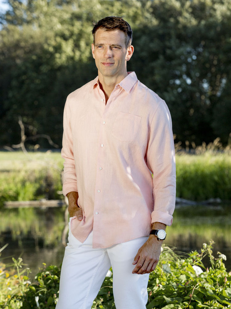 Men's Regular Fit Long Sleeve 100% Linen Shirt - Peach