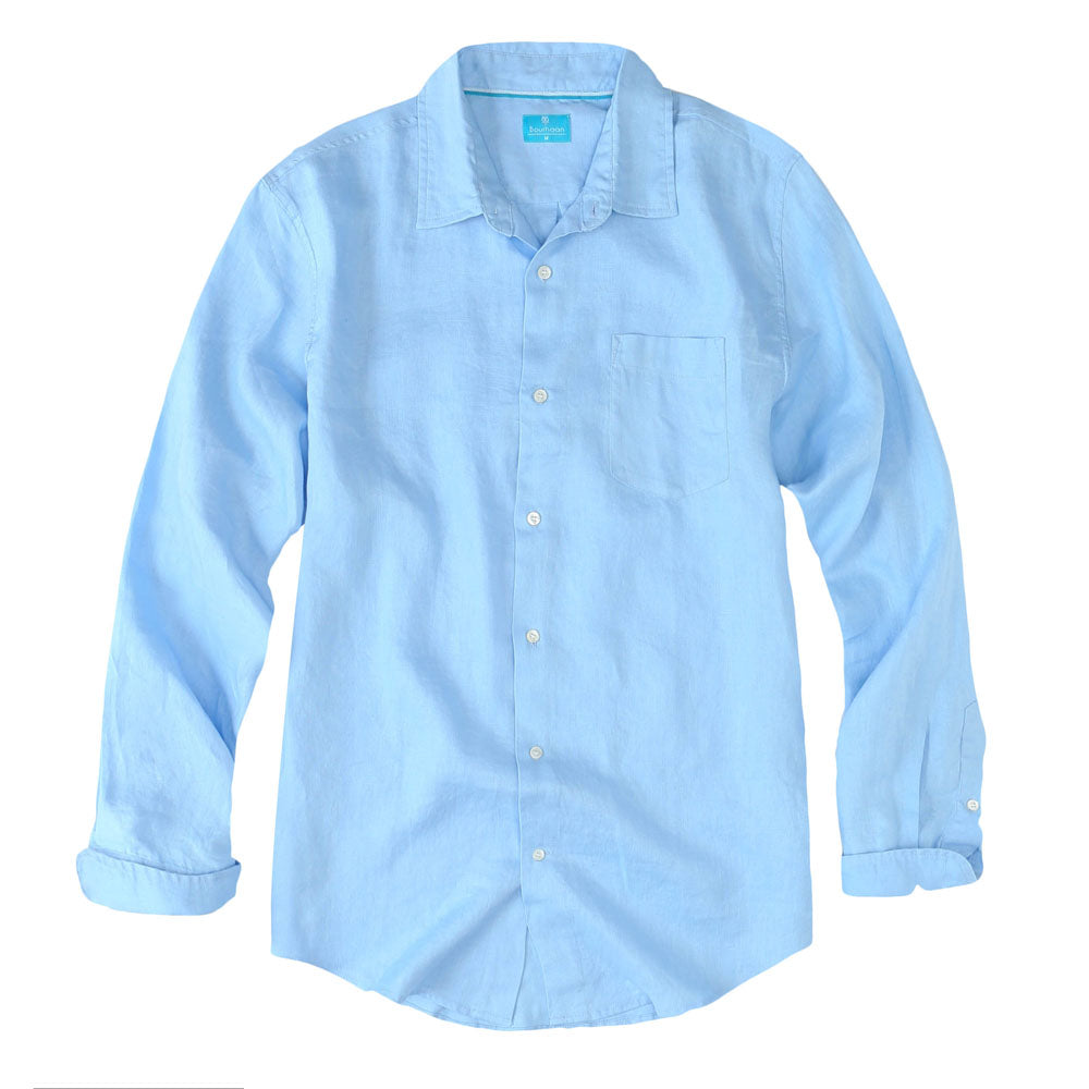 Men's Regular Fit Long Sleeve 100% Linen Shirt - Sky