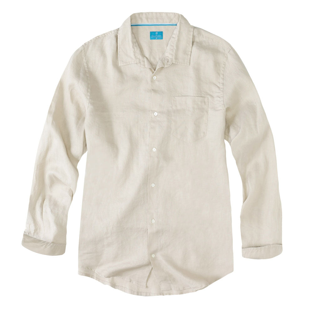 Men's Regular Fit Long Sleeve 100% Linen Shirt - Stone