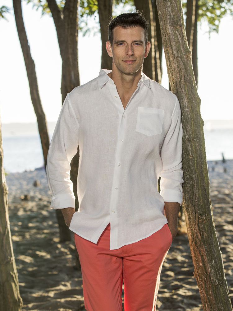 Bourhaan Men's Regular Fit Long Sleeve 100% Linen Shirt - White