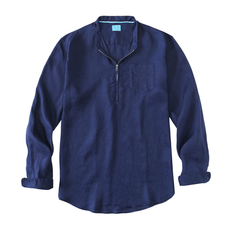Men's 100% Linen Half-Zip Pullover Shirt - Navy