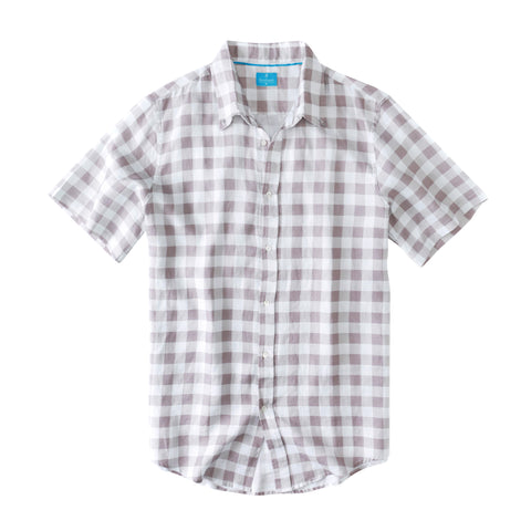 Men's Regular Fit Short Sleeve 100% Linen Shirt - Gingham Khaki/White
