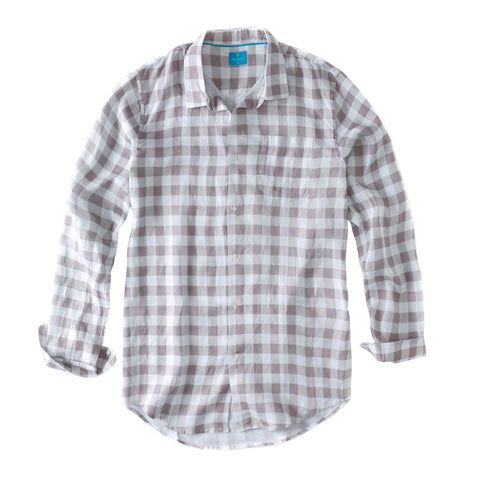 Men's Regular Fit Long Sleeve 100% Linen Shirt - Gingham Khaki/White