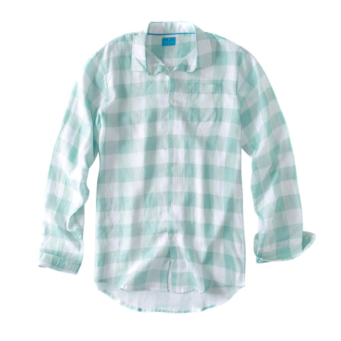 Men's Regular Fit Long Sleeve 100% Linen Shirt - Gingham Aqua/White