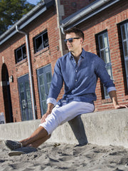 Men's Regular Fit Long Sleeve 100% Linen Shirt - Floating Squares