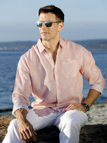 Men's Regular Fit Long Sleeve 100% Linen Shirt - Pineapples
