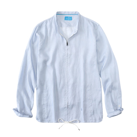 Men's 100% Linen Casual Zip Up Jacket - Stripes Blue White