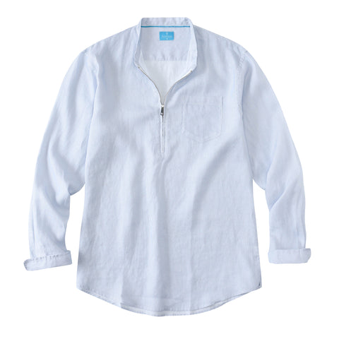 Men's 100% Linen Half-Zip Pullover Shirt - Stripes Blue White