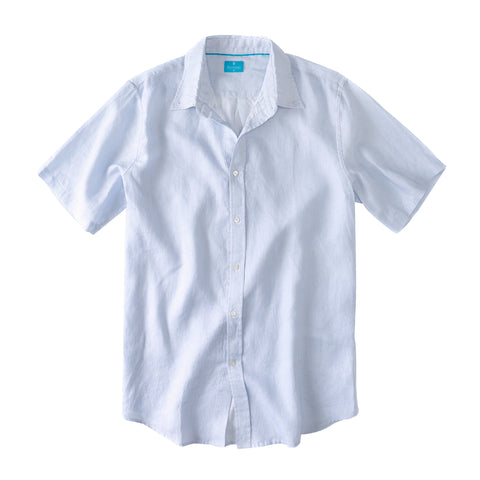 Men's Regular Fit Short Sleeve 100% Linen Shirt - Stripes Blue White