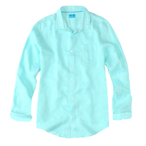 Men's Regular Fit Long Sleeve 100% Linen Shirt - Aqua