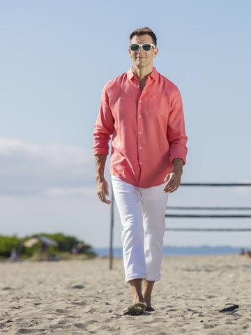 Men's Regular Fit Long Sleeve 100% Linen Shirt - Coral