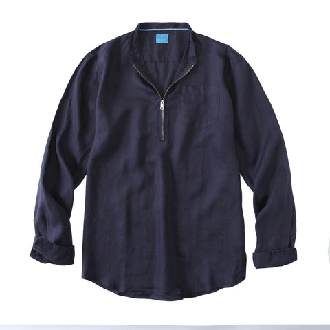 Men's 100% Linen Half-Zip Pullover Shirt - Dark Grey