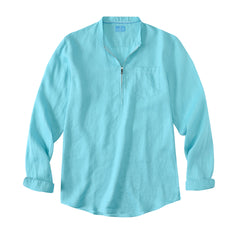 Men's 100% Linen Half-Zip Pullover Shirt - Deep Aqua