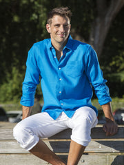 Men's Regular Fit Long Sleeve 100% Linen Shirt - Hawaiin Ocean