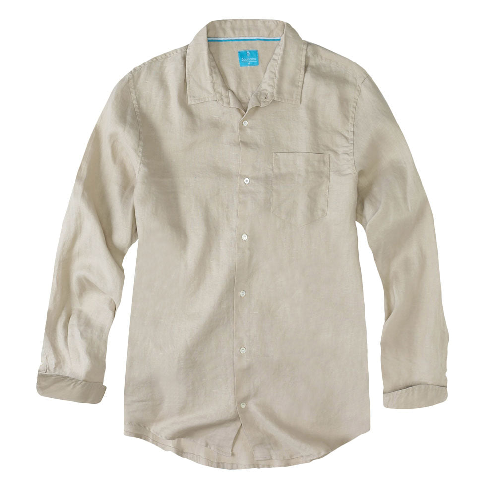 Men's Regular Fit Long Sleeve 100% Linen Shirt - Khaki