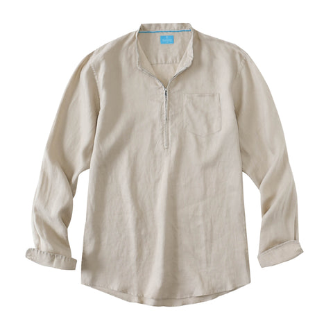 Men's 100% Linen Half-Zip Pullover Shirt - Khaki