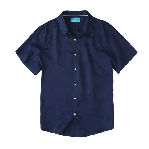 Men's Regular Fit Short Sleeve 100% Linen Shirt - Navy