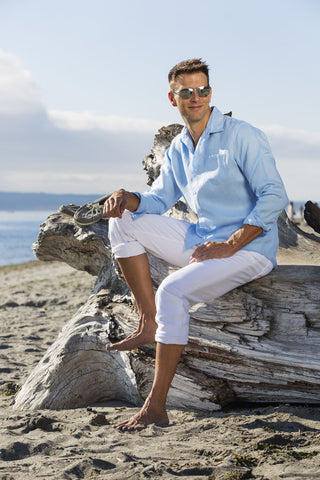 Men's Regular Fit Long Sleeve 100% Linen Shirt - Sky